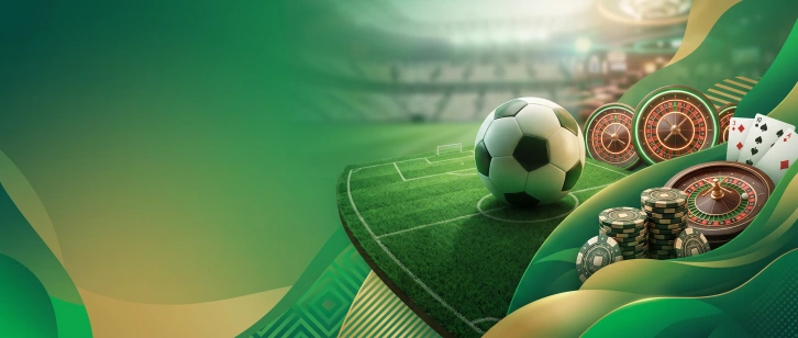 Ruleta y tragamonedas junto a una pelota de fútbol